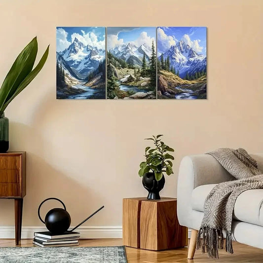 3pcs Snow Peaks, Pine Trees & Serene Streams Metal Print Ready to Hang Art