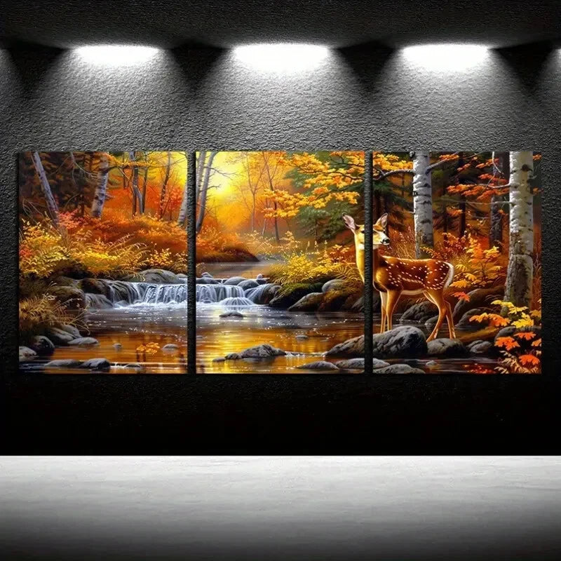 3pcs Autumn Forest Deer Stream Scene Metal Print Ready to Hang Art