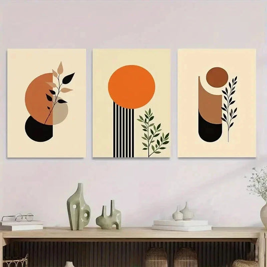 3pcs Minimalist Botanical Geometric Shapes Wall Art Set Canvas Framed 40x60cm - High Quality Print 100% Australian Made Wall Canvas Ready to Hang
