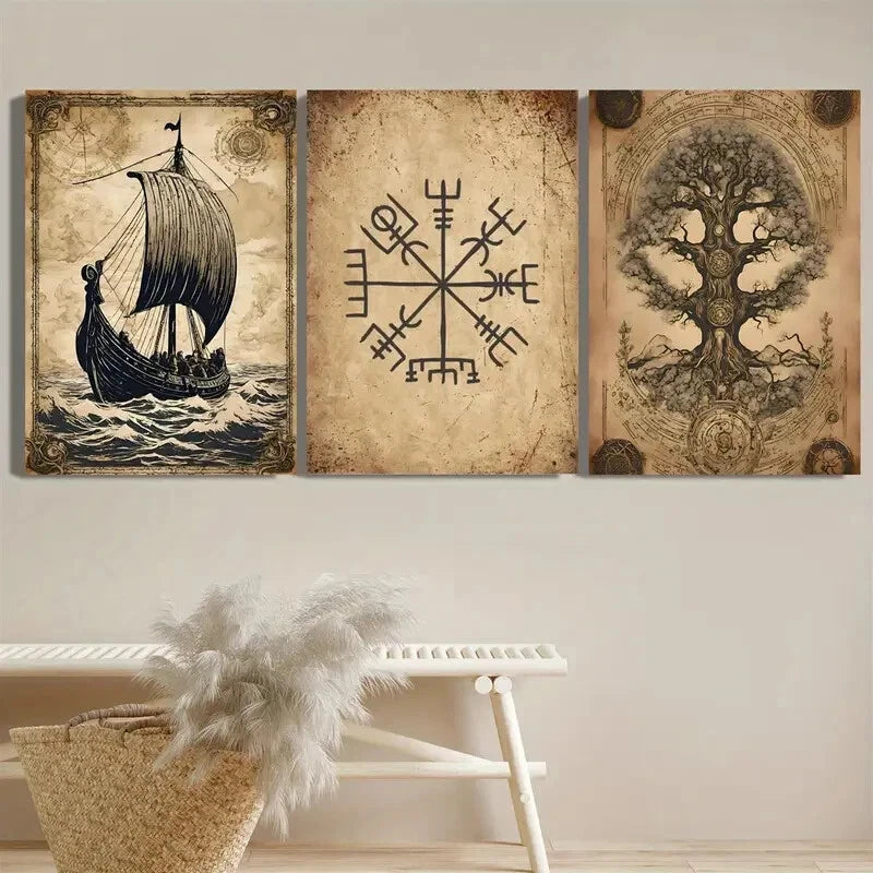 3pcs Vintage Tree Of Life Norse Pagan Symbol Metal Print Ready to Hang Art