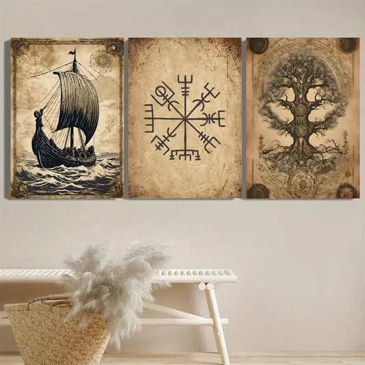 3pcs Vintage Tree Of Life Norse Pagan Symbol Metal Print Ready to Hang Art