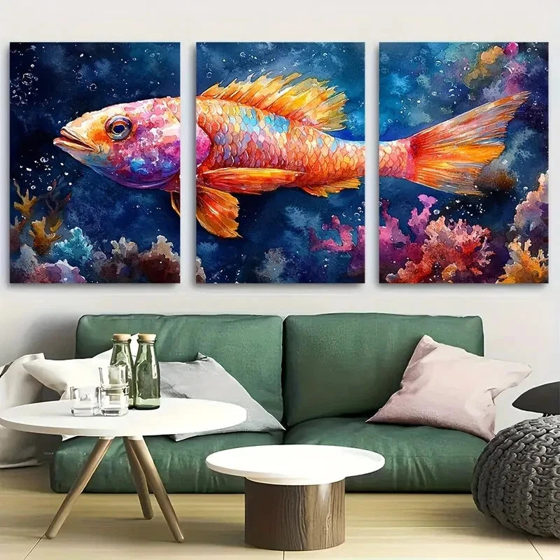 3pcs Vibrant Parrotfish with Coral Background Metal Print Ready to Hang Art