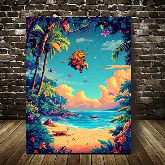 Vibrant Cartoon Lion Swing Scene with Neon 40x60cm Metal Print Ready to Hang