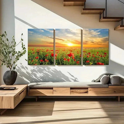 3pcs Flower Field Sunset Natural Wall Art Set Canvas Framed 40x60cm - High Quality Print 100% Australian Made Wall Canvas Ready to Hang