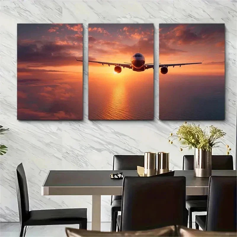 3pcs Sunset Soar Passenger Plane Dusk Perfect Metal Print Ready to Hang Art