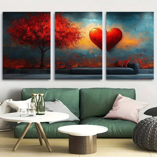 3pcs Love Close to Red Tree Metal Print Ready to Hang Art