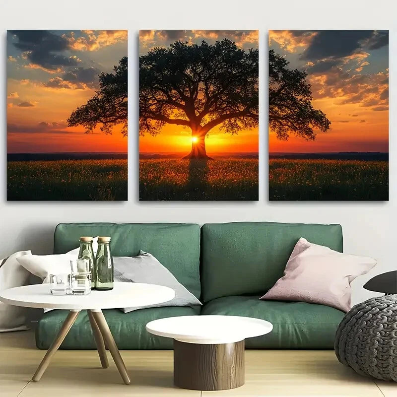 3pcs Whimsical Old Oak at Sunset Metal Print Ready to Hang Art