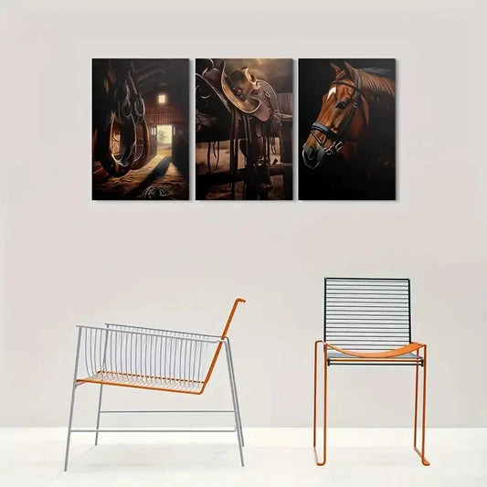 3pcs Western Horse Cowboy Saddle and Hat Metal Print Ready to Hang Art