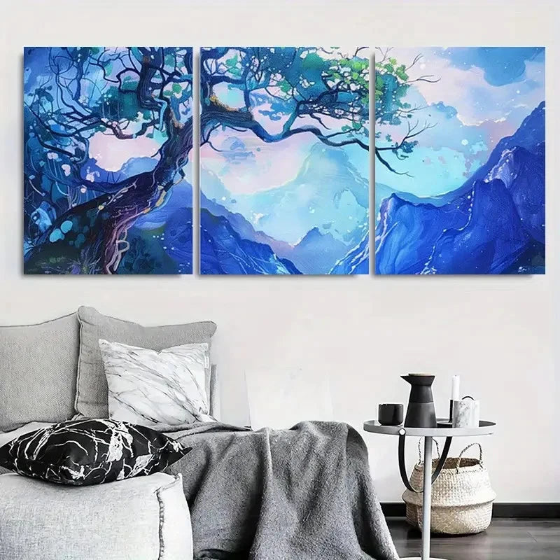 3pcs Enchanted Blue Mountain Tree Metal Print Ready to Hang Art