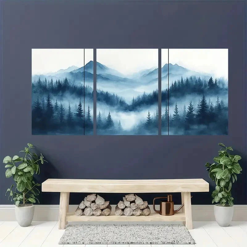 3pcs Misty Forest Triptych Foggy Shoreline Metal Print Ready to Hang Art
