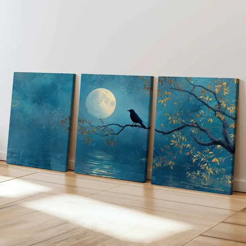3pcs Black Bird, Autumn Leaves Night, Serene  Wall Art Set Canvas Framed 60x90cm - High Quality Print 100% Australian Made Wall Canvas Ready to Hang
