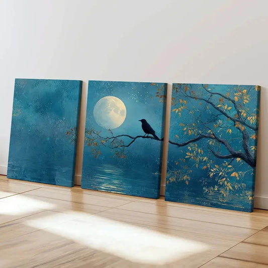 3pcs Black Bird, Autumn Leaves Night, Serene  Wall Art Set Canvas Framed 60x90cm - High Quality Print 100% Australian Made Wall Canvas Ready to Hang