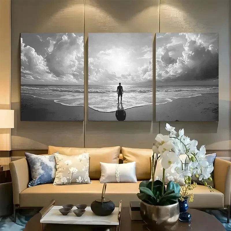 3pcs Man Standing On Beach Looking Into Ocean Metal Print Ready to Hang Art