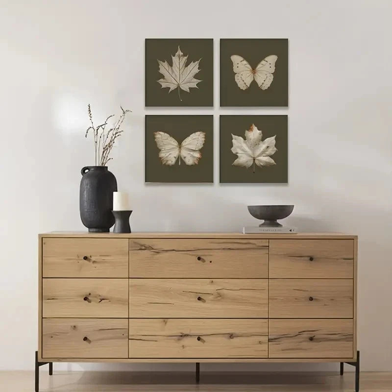 4pcs  Maple Leaf & Butterfly Print Set Wall Art Canvas Framed