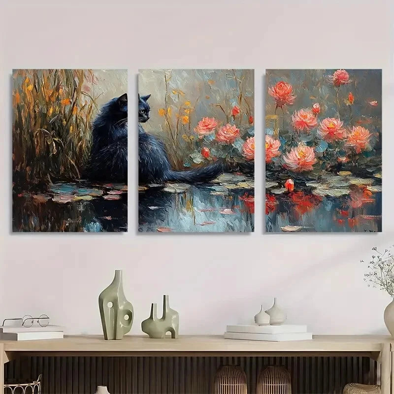 3pcs Monet-Inspired Black Cat & Water Lilies Metal Print Ready to Hang Art