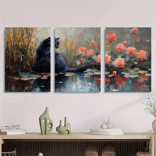 3pcs Monet-Inspired Black Cat & Water Lilies Metal Print Ready to Hang Art