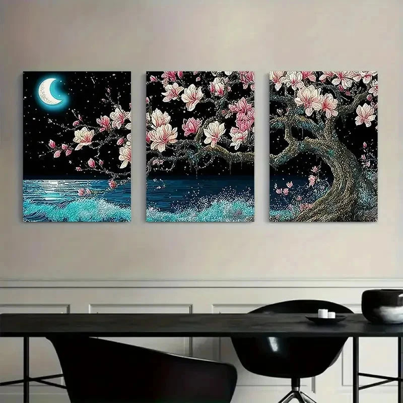 3pcs Moonlit Landscape With a Tree Painting Metal Print Ready to Hang Art