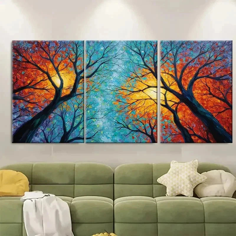 3pcs Original Forest Oil Painting Sunset Tree Metal Print Ready to Hang Art