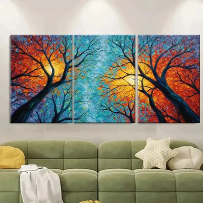 3pcs Original Forest Oil Painting Sunset Tree Metal Print Ready to Hang Art