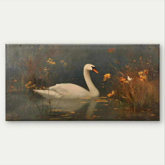 Vintage Swan on a Misty Lake Painting Wall Art Canvas Office Home Framed 120x60