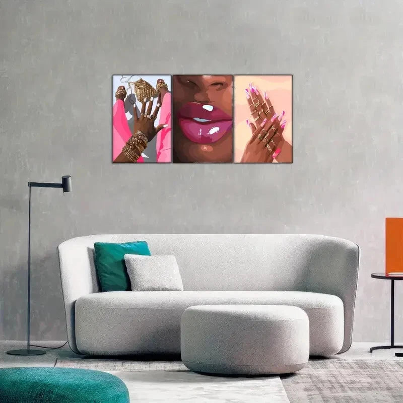 3pcs Vibrant Pink Nails & Lips Modern Luxury Metal Print Ready to Hang Art