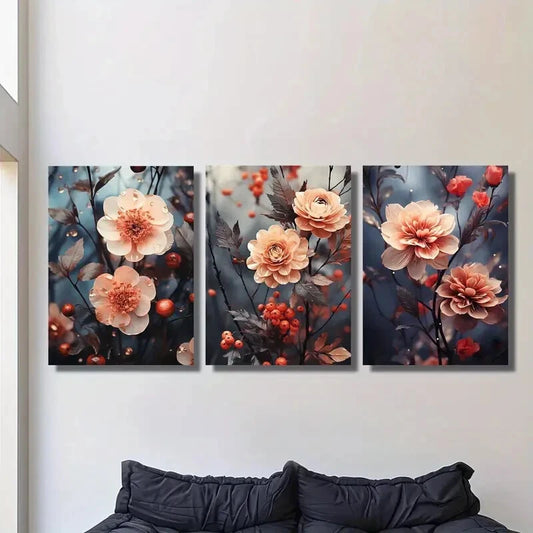 3pcs Pink Flowers and Berries, Botanical Flower Metal Print Ready to Hang Art