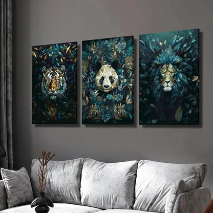 3pcs Blue Geometric Tiger Lion and Giant Panda Wall Art Set Canvas Framed 40x60cm - High Quality Print 100% Australian Made Wall Canvas Ready to Hang