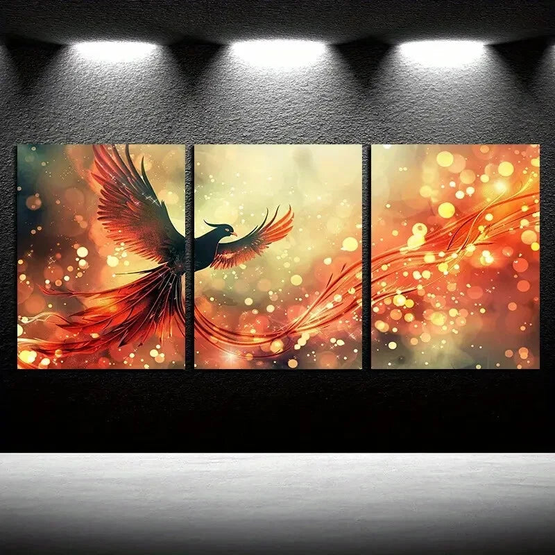 3pcs Vibrant Phoenix Orange Color illustration Metal Print Ready to Hang Art