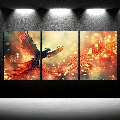 3pcs Vibrant Phoenix Orange Color illustration Metal Print Ready to Hang Art
