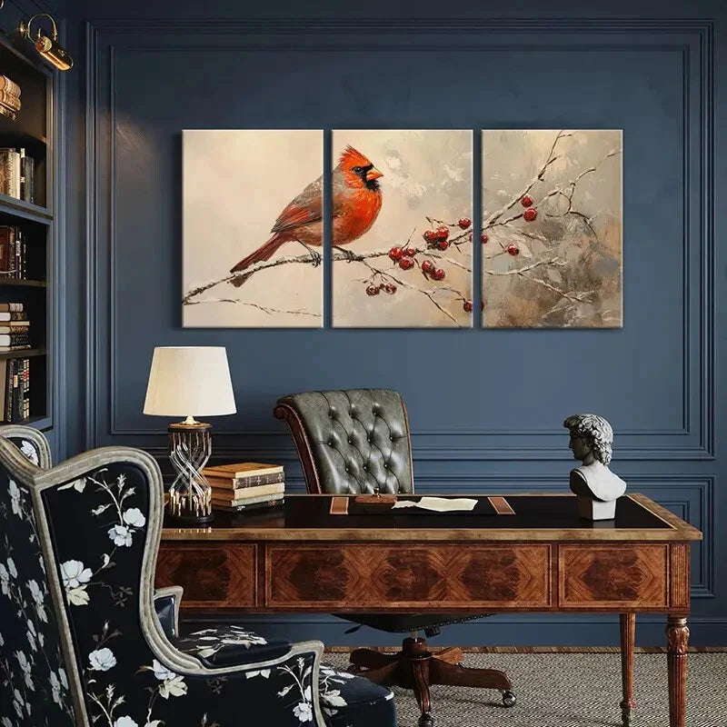 3pcs Winter Cardinal Bird Snowy Branches Metal Print Ready to Hang Art