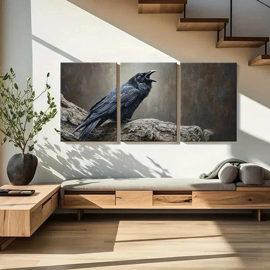 3pcs Artistic Raven Perched On Tree Branch Metal Print Ready to Hang Art