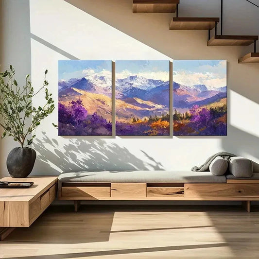 3pcs Set of Abstract Vibrant Mountain Landscape Metal Print Ready to Hang Art