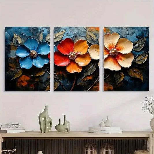 3pcs Flower Ensemble Modern Abstract Painting Metal Print Ready to Hang Art