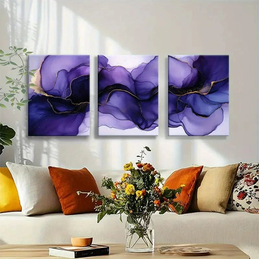3pcs Flowing Purple Watercolor with Golden Veins Metal Print Ready to Hang Art