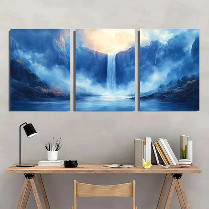 3pcs Vibrant Blue & Golden Sunset Landscape Metal Print Ready to Hang Art