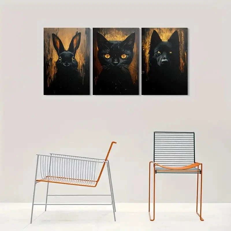 3pcs Modern Animal Black Rabbit Cat and Wolf Metal Print Ready to Hang Art