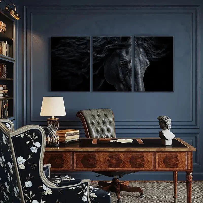 3pcs Black Horse Art Equestrian Decor Metal Print Ready to Hang Art
