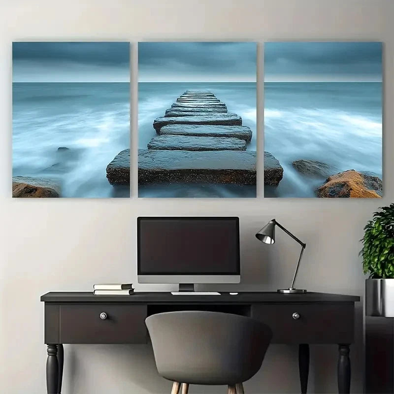 3pcs Coastal Seascape Rocky Sandy Pier Photography Metal Print Ready to Hang Art