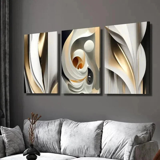 3pcs Modern Luxury Golden White Gilt Line Wall Art Set Canvas Framed 40x60cm - High Quality Print 100% Australian Made Wall Canvas Ready to Hang