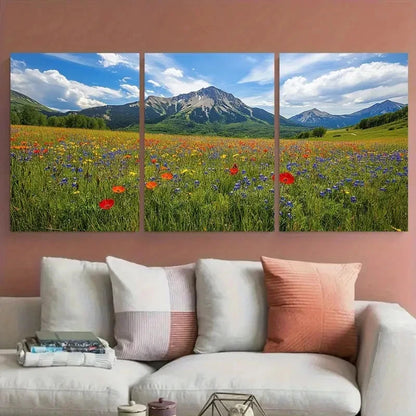 3pcs Crested Butte Wildflower with Mountain View Metal Print Ready to Hang Art