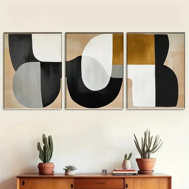 3pcs Black and White Golden Beige Color Metal Print Ready to Hang Art
