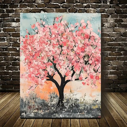 Vibrant Pink Peach Tree Forest with Sunset Painting 40x60cm Metal Print Ready to Hang