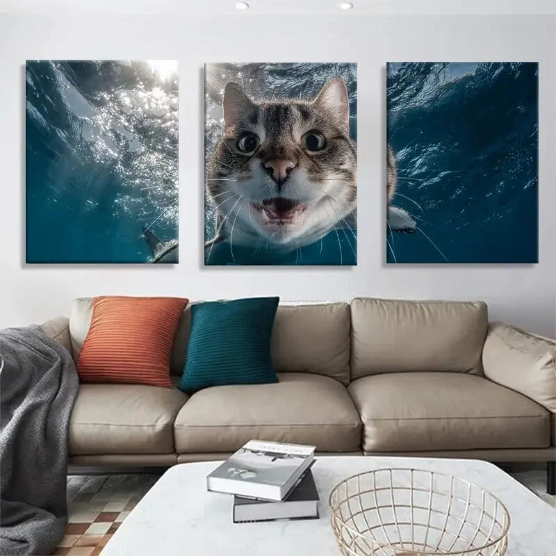 3pcs Funny Underwater Cat Hilarious Animal Metal Print Ready to Hang Art