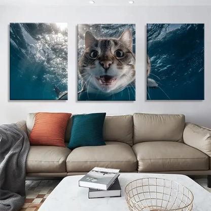 3pcs Funny Underwater Cat Hilarious Animal Metal Print Ready to Hang Art