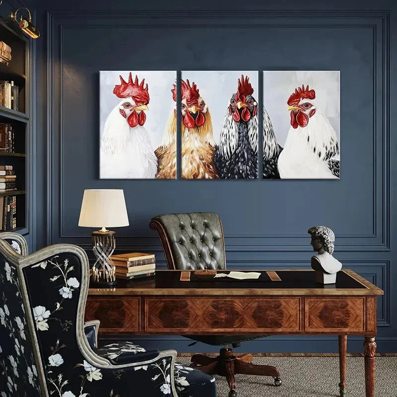 3pcs Roosters Vibrant Colors Detailed Feathers Metal Print Ready to Hang Art
