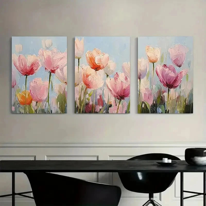 3pcs Vibrant Poppy Flower Landscape Painting Metal Print Ready to Hang Art