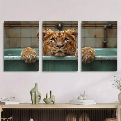 3pcs Vintage Lion Leopard & Tiger in Bathtub Red Metal Print Ready to Hang Art
