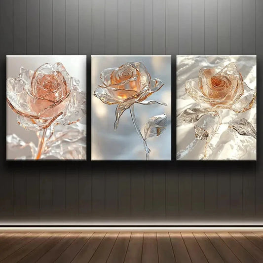 3pcs Elegant Crystal Rose Style Metal Print Ready to Hang Art