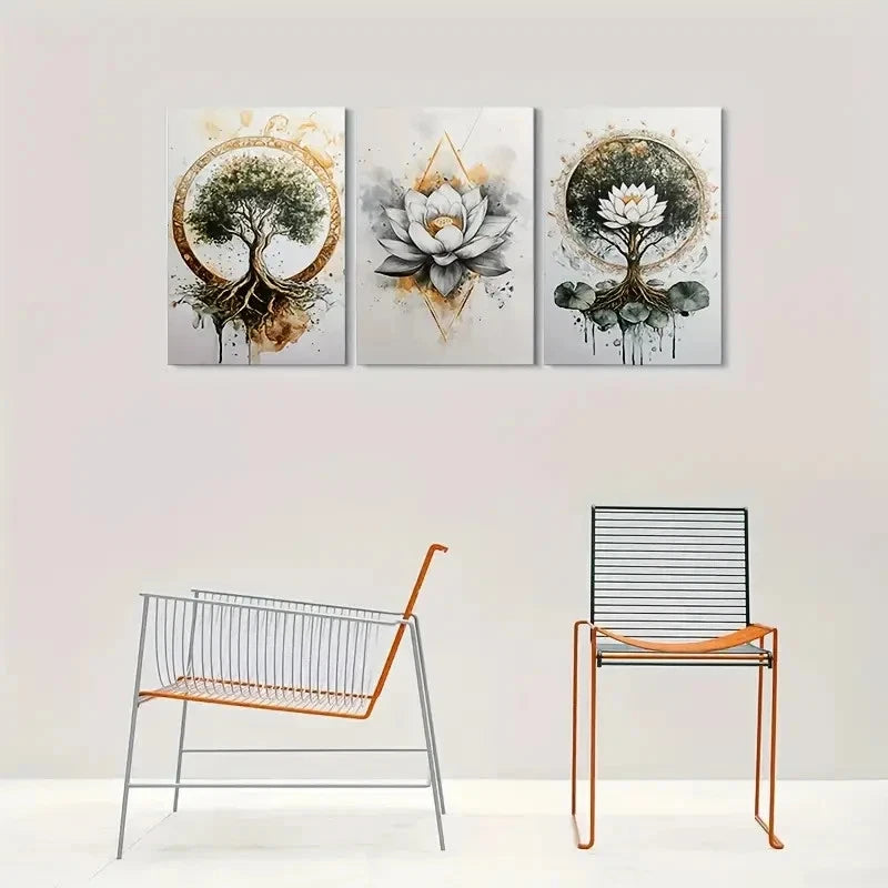 3pcs Golden & Earthy Tone Roots & Floral Elements Metal Print Ready to Hang Art