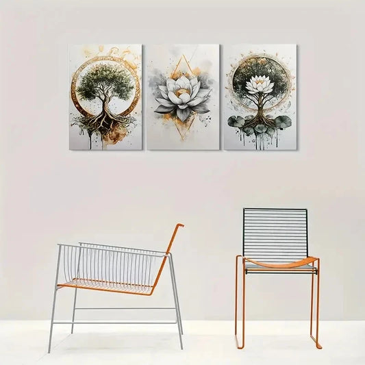 3pcs Golden & Earthy Tone Roots & Floral Elements Metal Print Ready to Hang Art